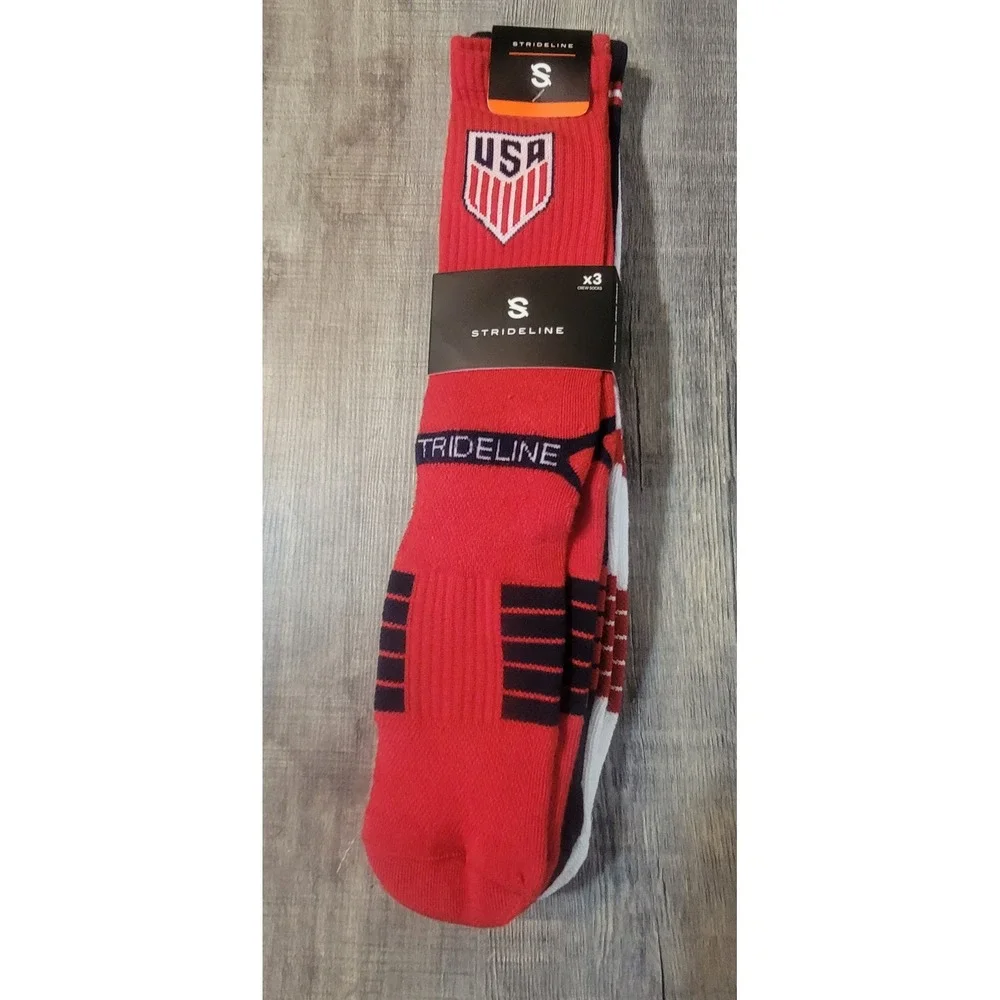 Strideline USA Soccer Crew Socks 3 Pair Pack Red White Blue Performance Athletic